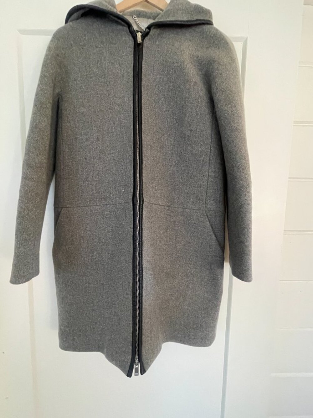 J.Crew Stadium-Cloth Wool Leather Trim Hooded Colorblock Cocoon Coat – Size 2 - Picture 8 of 11